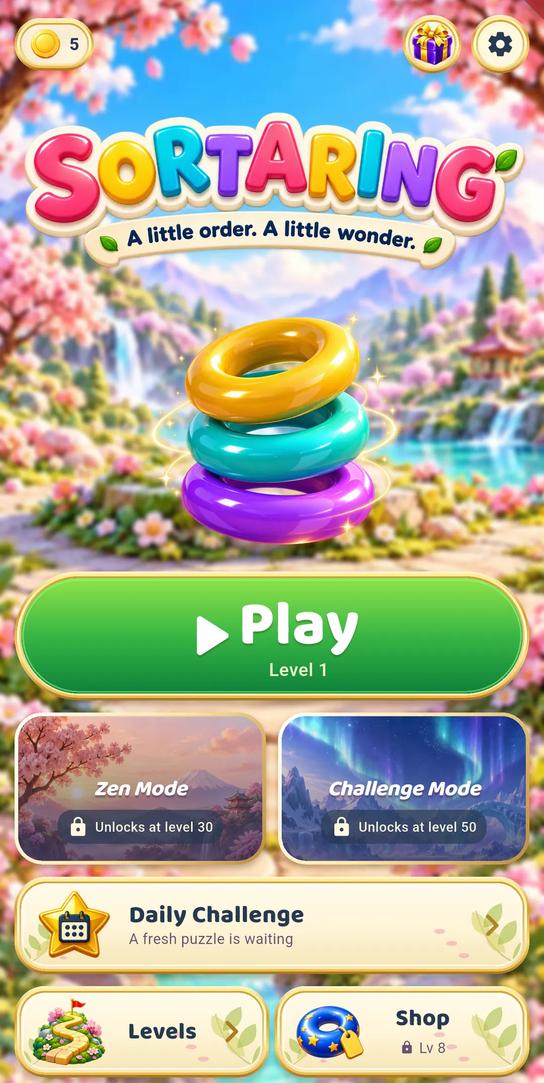 The Sortaring home screen